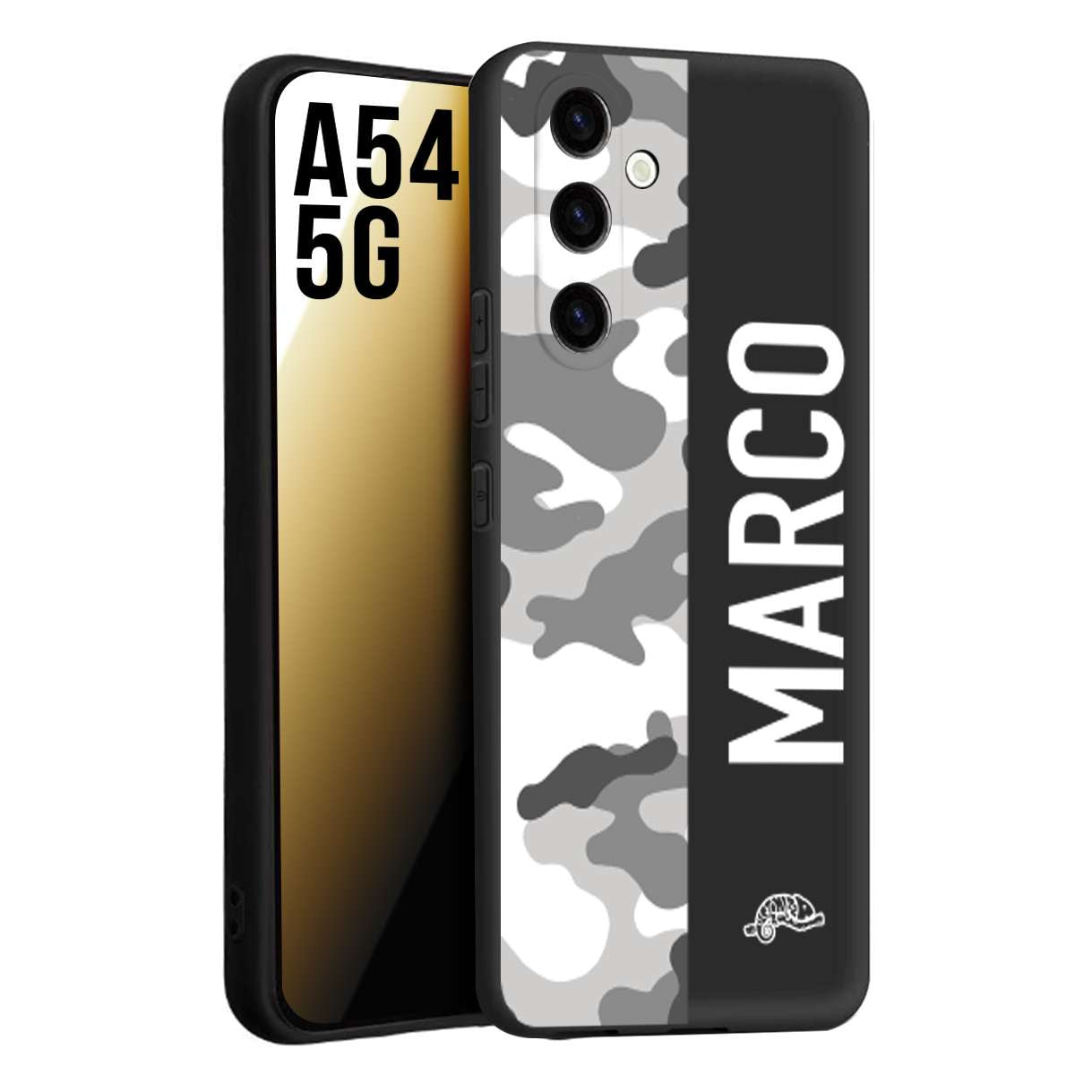 CUSTOMIZZA - Custodia cover nera morbida in tpu compatibile per Samsung A54 5G camouflage mimetico militare personalizzata nome bianco