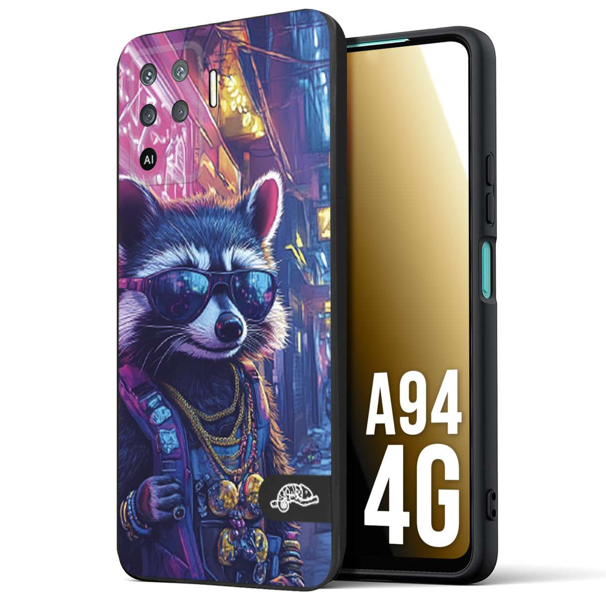CUSTOMIZZA - Custodia cover nera morbida in tpu compatibile per Oppo A94 4G animali simpatici cyberpunk procione racoon street cat fucsia blu giallo