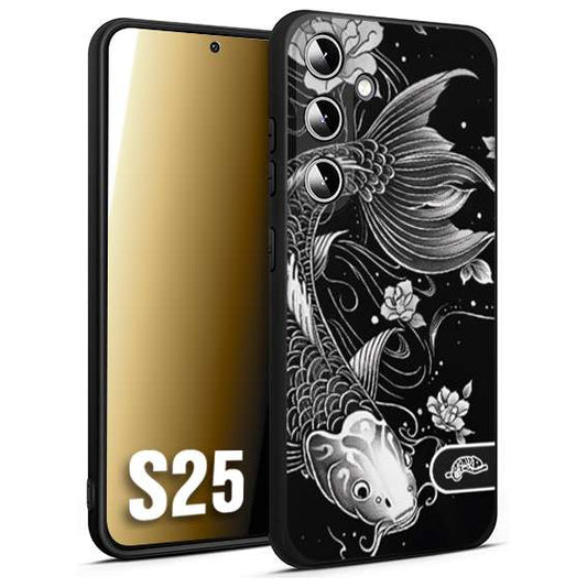 CUSTOMIZZA - Custodia cover nera morbida in tpu compatibile per Samsung S25 carpa koi black and white bianco a rilievo disegnato tattoo tatuaggio