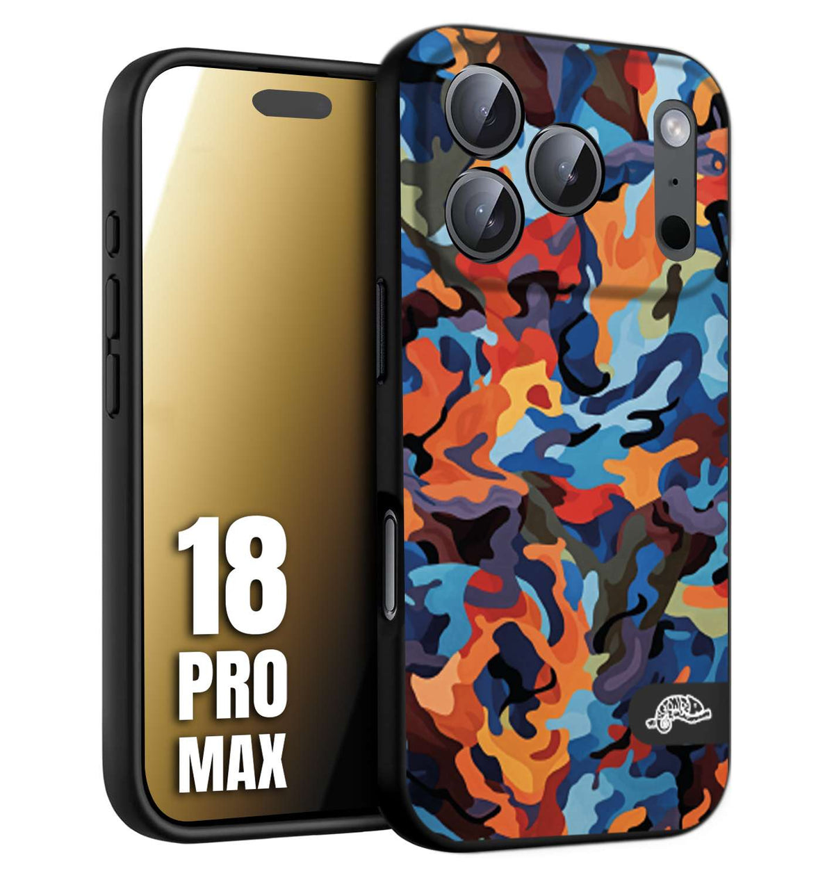 CUSTOMIZZA - Custodia cover nera morbida in tpu compatibile per iPhone 18 PRO MAX camouflage mimetico militare moderno blu arancio rosso