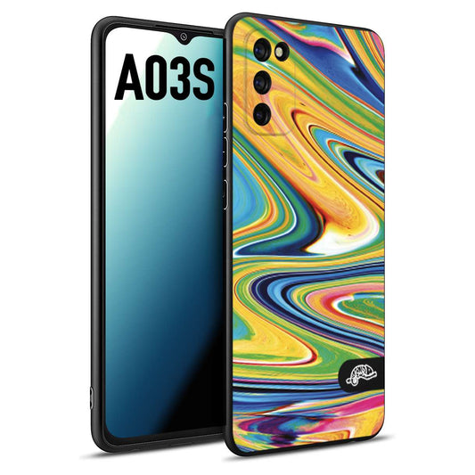 CUSTOMIZZA - Custodia cover nera morbida in tpu compatibile per Samsung A03S colorata fantasia vortice marmo arcobaleno gialla verde blu
