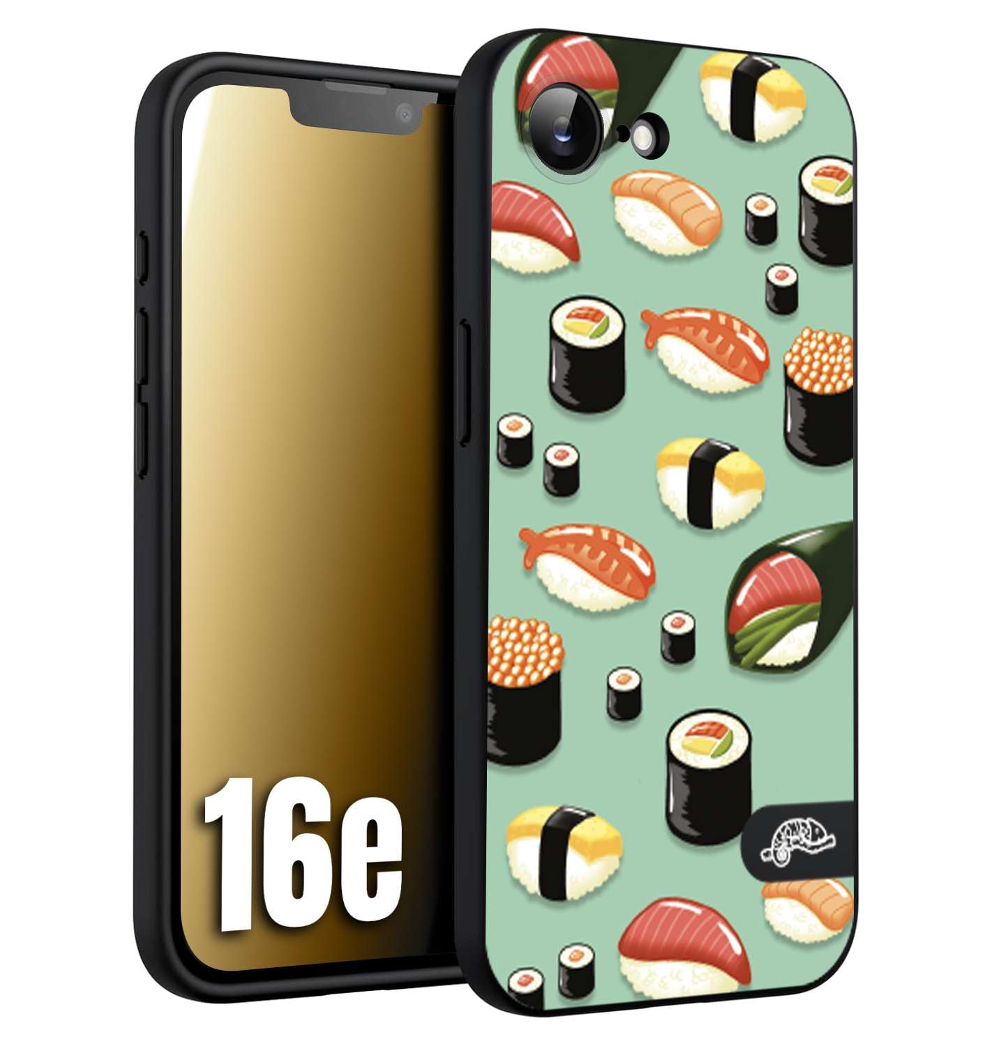 CUSTOMIZZA - Custodia cover nera morbida in tpu compatibile per iPhone 16E sushi disegni giapponese nighiri acquamarina verde