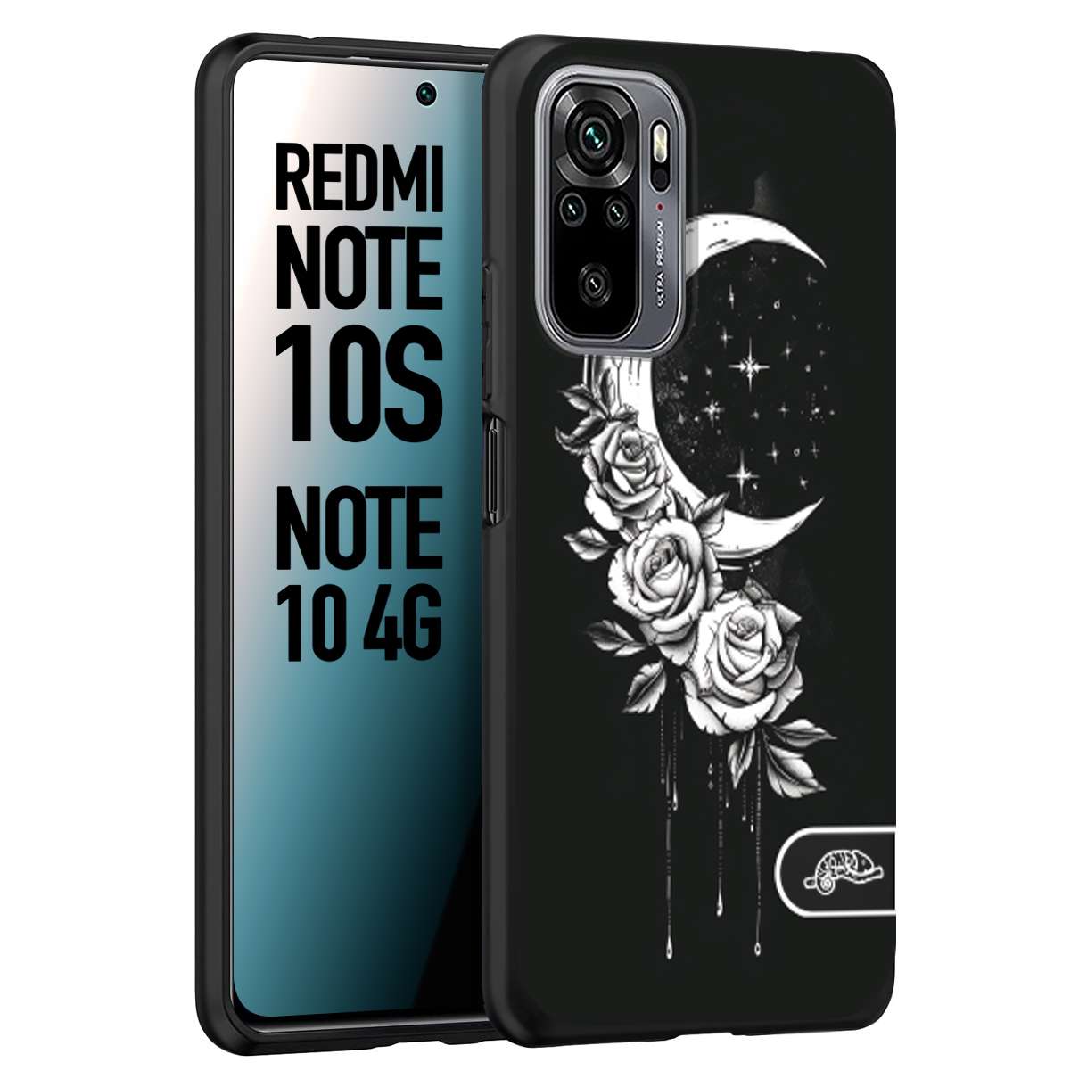 CUSTOMIZZA - Custodia cover nera morbida in tpu compatibile per Xiaomi Redmi Note 10S luna e fiori moon flowers black and white bianco a rilievo disegnato tattoo tatuaggio