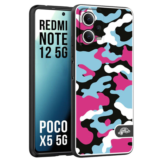 CUSTOMIZZA - Custodia cover nera morbida in tpu compatibile per Xiaomi Redmi Note 12 5G - POCO X5 5G camouflage mimetico militare fucsia celeste