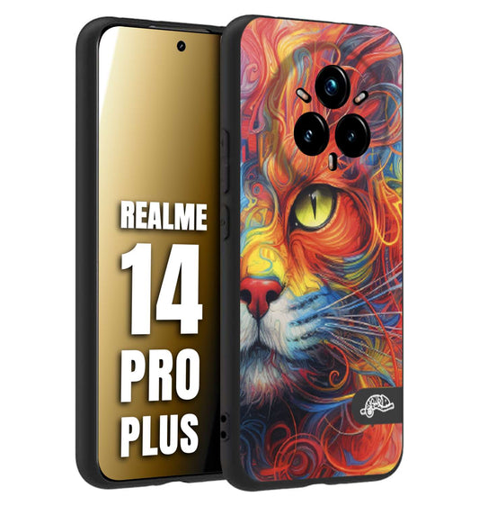 CUSTOMIZZA - Custodia cover nera morbida in tpu compatibile per Realme 14 PRO PLUS animali color cat gatto viso colori vibranti disegnato schizzo