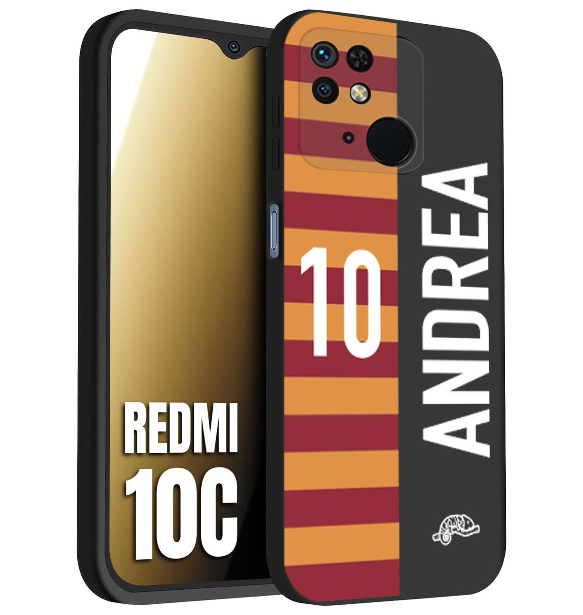 CUSTOMIZZA - Custodia cover nera morbida in tpu compatibile per Xiaomi Redmi 10C personalizzata calcio football nome e numero calciatori giallo rossi