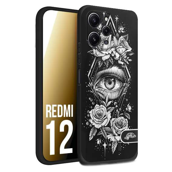 CUSTOMIZZA - Custodia cover nera morbida in tpu compatibile per Xiaomi Redmi 12 occhio fiori rombo geometrico black and white bianco a rilievo disegnato tattoo tatuaggio