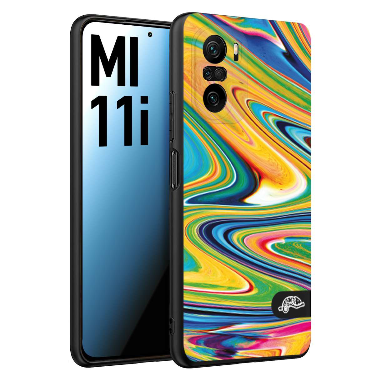 CUSTOMIZZA - Custodia cover nera morbida in tpu compatibile per Xiaomi Mi 11i colorata fantasia vortice marmo arcobaleno gialla verde blu