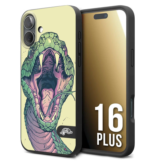 CUSTOMIZZA - Custodia cover nera morbida in tpu compatibile per iPhone 16 PLUS snake yellow green serpente tatuaggio tattoo disegnato a mano