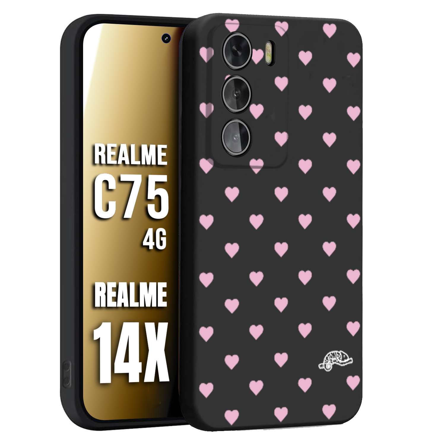 CUSTOMIZZA - Custodia cover nera morbida in tpu compatibile per Realme 14X - C75 4G cuori pois rosa su nero donna pin up vintage