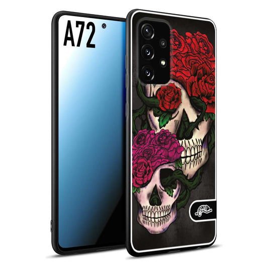 CUSTOMIZZA - Custodia cover nera morbida in tpu compatibile per Samsung A72 teschi e rose rosse fucsia skull and roses