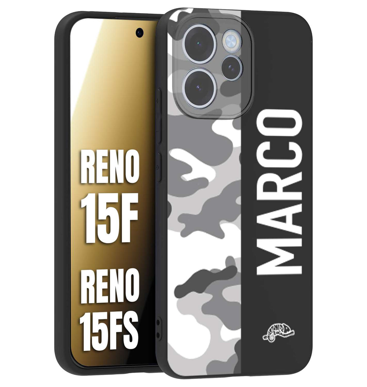 CUSTOMIZZA - Custodia cover nera morbida in tpu compatibile per Oppo Reno 15 F - Reno 15 FS camouflage mimetico militare personalizzata nome bianco