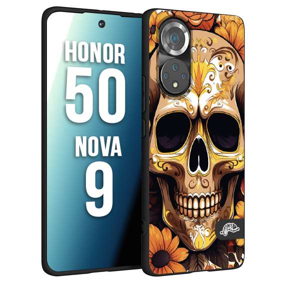 CUSTOMIZZA - Custodia cover nera morbida in tpu compatibile per Huawei Nova 9 - Honor 50 teschio messicano colorato dorato fiori tattoo disegnato