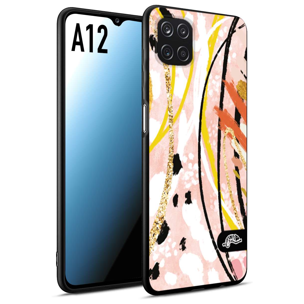 CUSTOMIZZA - Custodia cover nera morbida in tpu compatibile per Samsung A12 fiori astratti donna zebrato leopardato fantasia dorata gialla rosa colorata