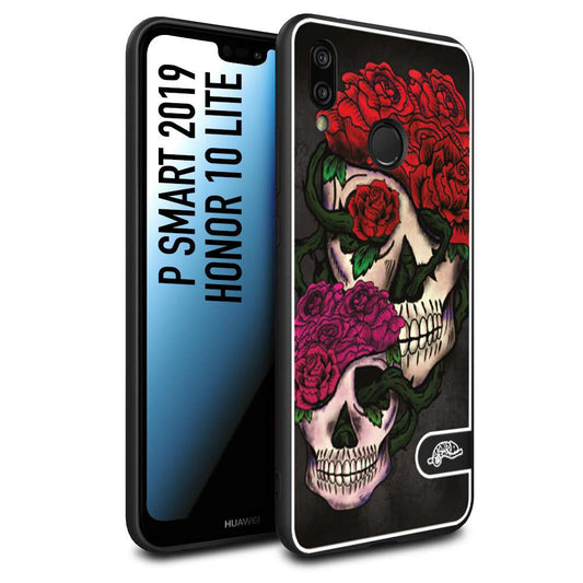 CUSTOMIZZA - Custodia cover nera morbida in tpu compatibile per Huawei P Smart 2019 teschi e rose rosse fucsia skull and roses