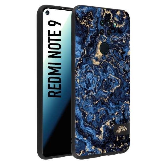 CUSTOMIZZA - Custodia cover nera morbida in tpu compatibile per Xiaomi Redmi Note 9 effetto marmo marble blu venature dorato psichedelico