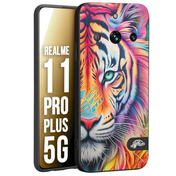 CUSTOMIZZA - Custodia cover nera morbida in tpu compatibile per Oppo Realme 11 PRO PLUS 5G animali color tigre tiger viso colori vibranti disegnato schizzo