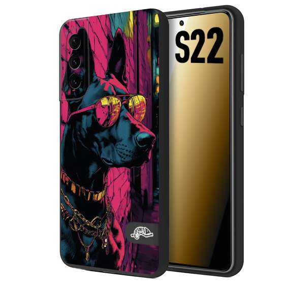 CUSTOMIZZA - Custodia cover nera morbida in tpu compatibile per Samsung S22 animali cyberpunk dobermann cane street dog fucsia blu