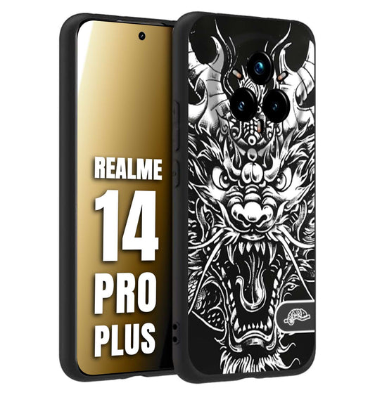 CUSTOMIZZA - Custodia cover nera morbida in tpu compatibile per Realme 14 PRO PLUS drago black and white bianco a rilievo disegnato tattoo tatuaggio