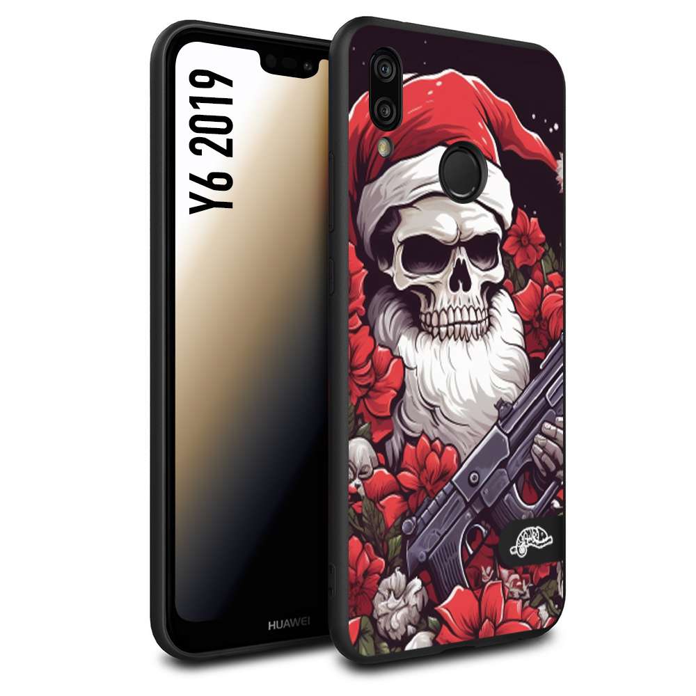 CUSTOMIZZA - Custodia cover nera morbida in tpu compatibile per Huawei Y6 2019 teschio natale santa claus fiori tattoo disegnato