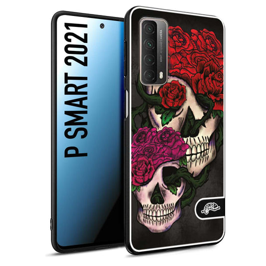 CUSTOMIZZA - Custodia cover nera morbida in tpu compatibile per Huawei P Smart 2021 teschi e rose rosse fucsia skull and roses