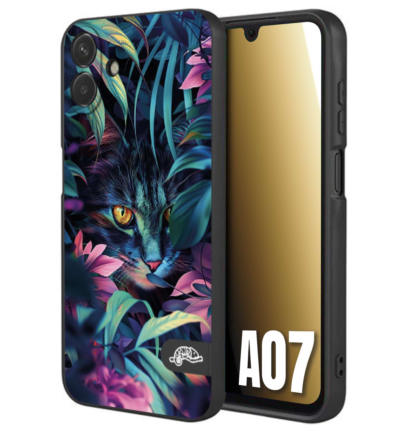 CUSTOMIZZA - Custodia cover nera morbida in tpu compatibile per Samsung A07 animali color giungla tropicale occhio di gatto colori vibranti disegnato
