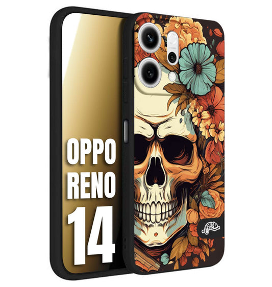 CUSTOMIZZA - Custodia cover nera morbida in tpu compatibile per Oppo Reno 14 teschio skull flowers fiori autunnali arancio celeste tattoo
