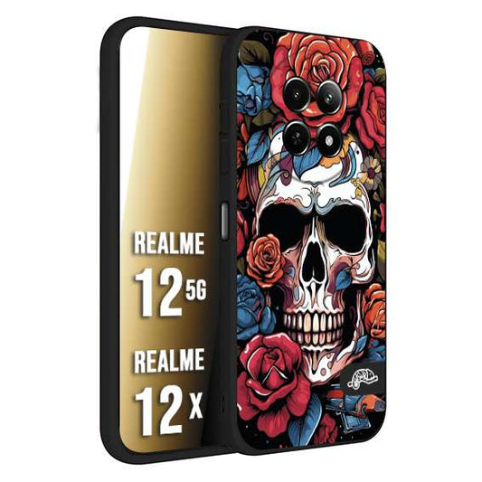 CUSTOMIZZA - Custodia cover nera morbida in tpu compatibile per Realme 12 5G - 12X teschio skull flowers fiori rose rosse tattoo disegnato