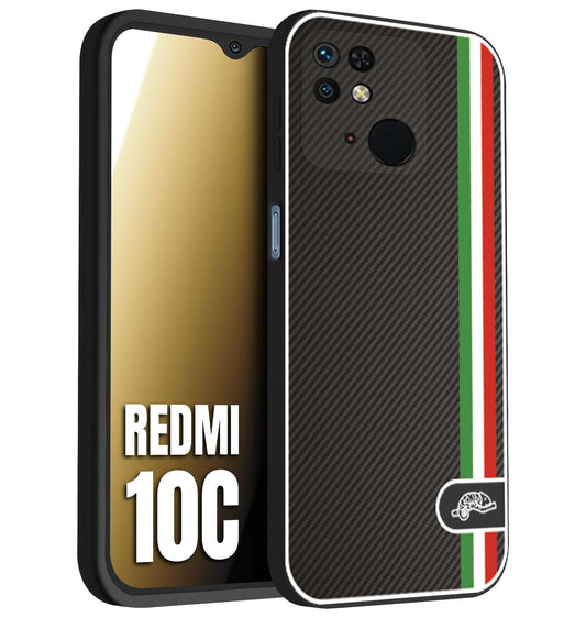 CUSTOMIZZA - Custodia cover nera morbida in tpu compatibile per Xiaomi Redmi 10C effetto fibra di carbonio bandiera Italia made in Italy