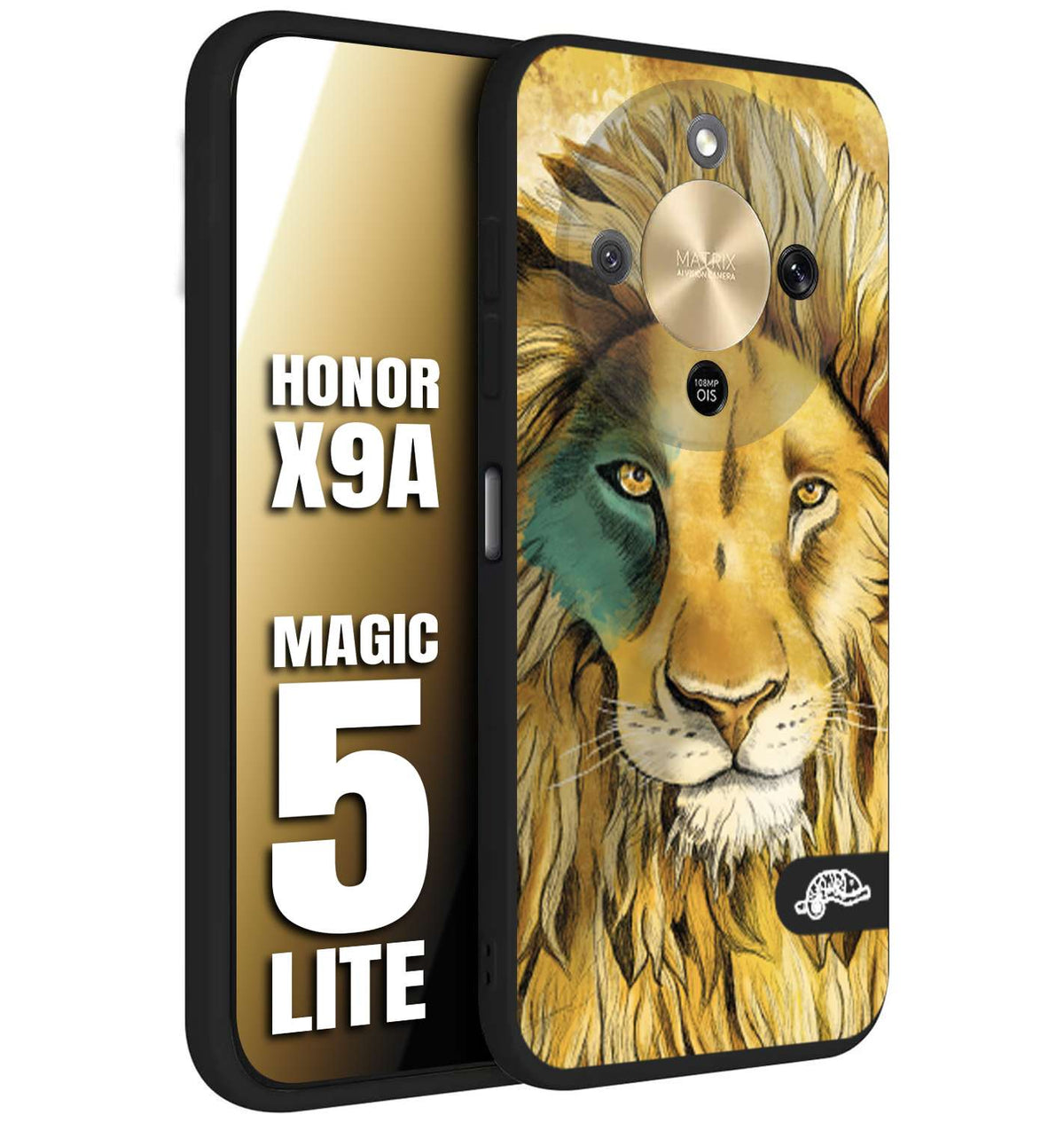CUSTOMIZZA - Custodia cover nera morbida in tpu compatibile per Honor X9A - Honor Magic 5 Lite leone lion disegnato a mano giallo blu a rilievo artistico brown