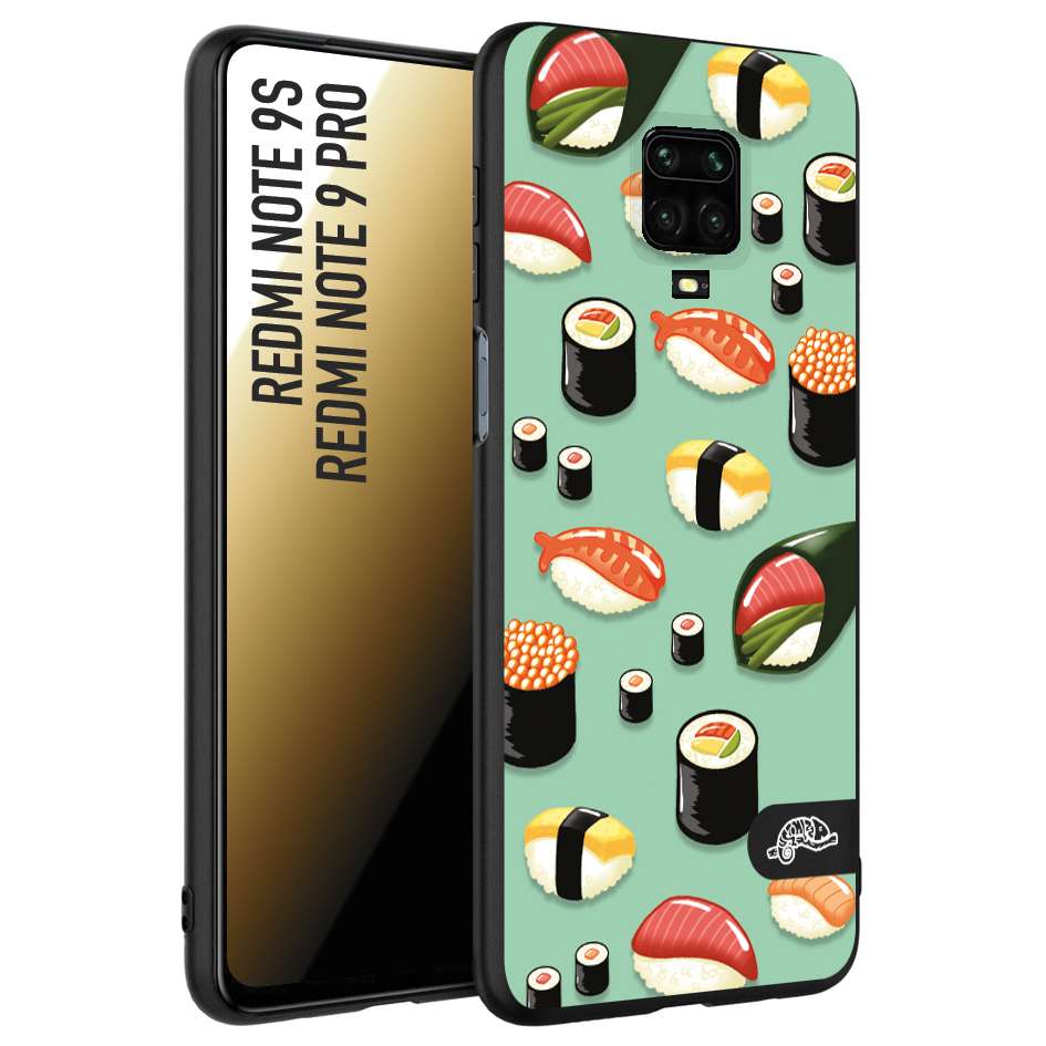 CUSTOMIZZA - Custodia cover nera morbida in tpu compatibile per Xiaomi Redmi Note 9S - Note 9 PRO sushi disegni giapponese nighiri acquamarina verde