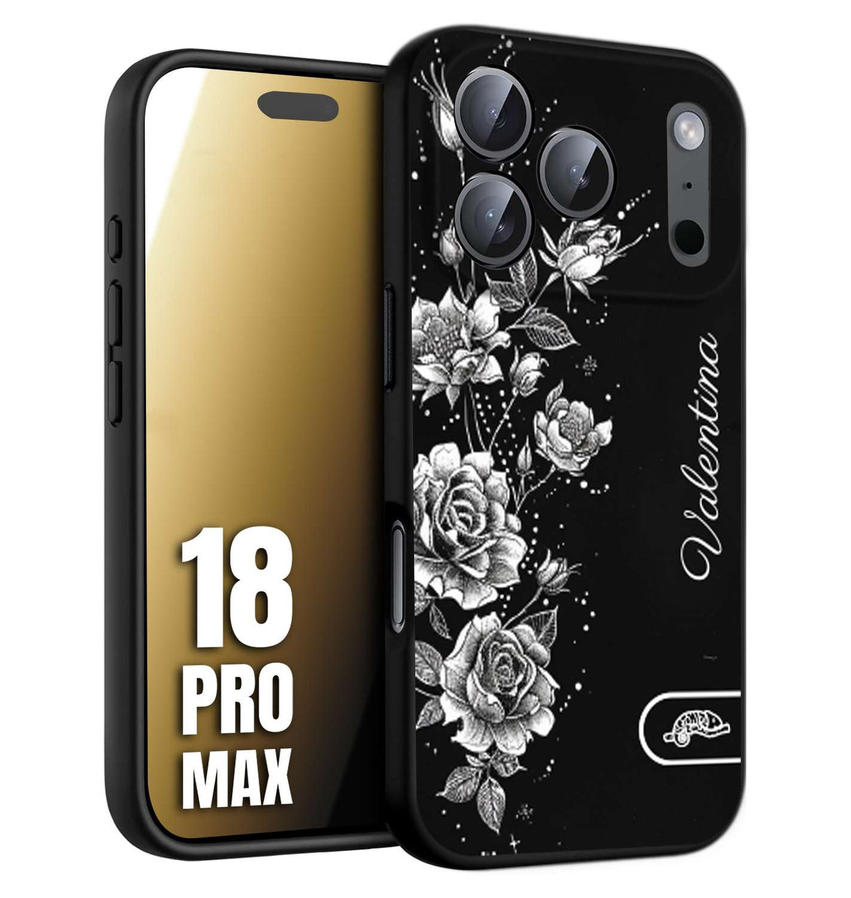 CUSTOMIZZA - Custodia cover nera morbida in tpu compatibile per iPhone 18 PRO MAX personalizzata rilievo soft touch nome rose fiori donna