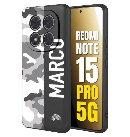 CUSTOMIZZA - Custodia cover nera morbida in tpu compatibile per Xiaomi Redmi Note 15 PRO 5G camouflage mimetico militare personalizzata nome bianco