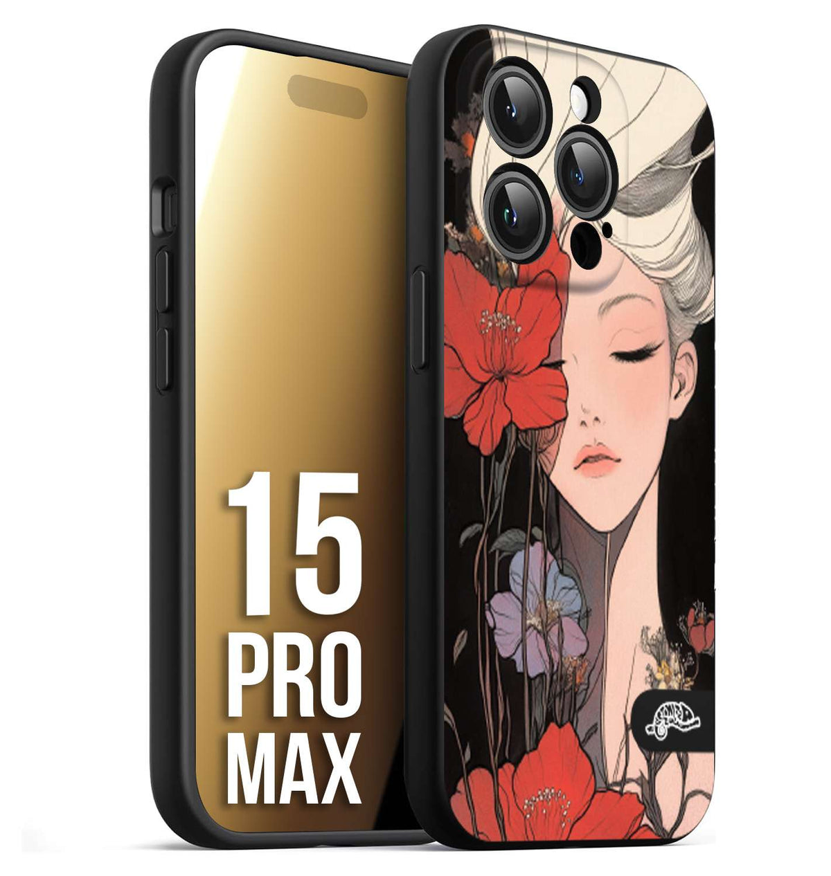 CUSTOMIZZA - Custodia cover nera morbida in tpu compatibile per iPhone 15 PRO MAX woman flower Fantasia Floreale Design Donna e Fiori, Retro Artistico