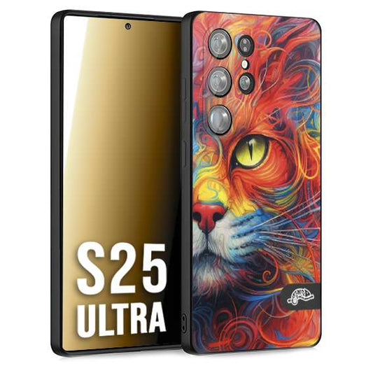CUSTOMIZZA - Custodia cover nera morbida in tpu compatibile per Samsung S25 ULTRA animali color cat gatto viso colori vibranti disegnato schizzo