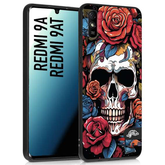 CUSTOMIZZA - Custodia cover nera morbida in tpu compatibile per Xiaomi Redmi 9A - 9AT teschio skull flowers fiori rose rosse tattoo disegnato