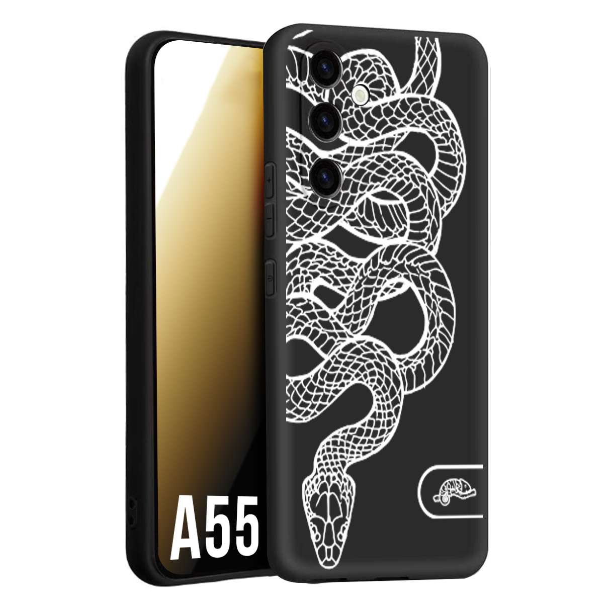 CUSTOMIZZA - Custodia cover nera morbida in tpu compatibile per Samsung A55 5G serpente snake bianco a rilievo disegnato tattoo tatuaggio