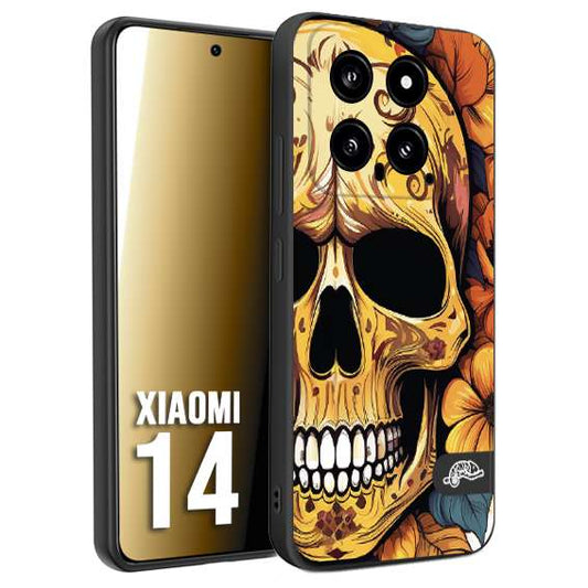 CUSTOMIZZA - Custodia cover nera morbida in tpu compatibile per Xiaomi 14 teschio messicano colorato dorato fiori autunnali disegnato