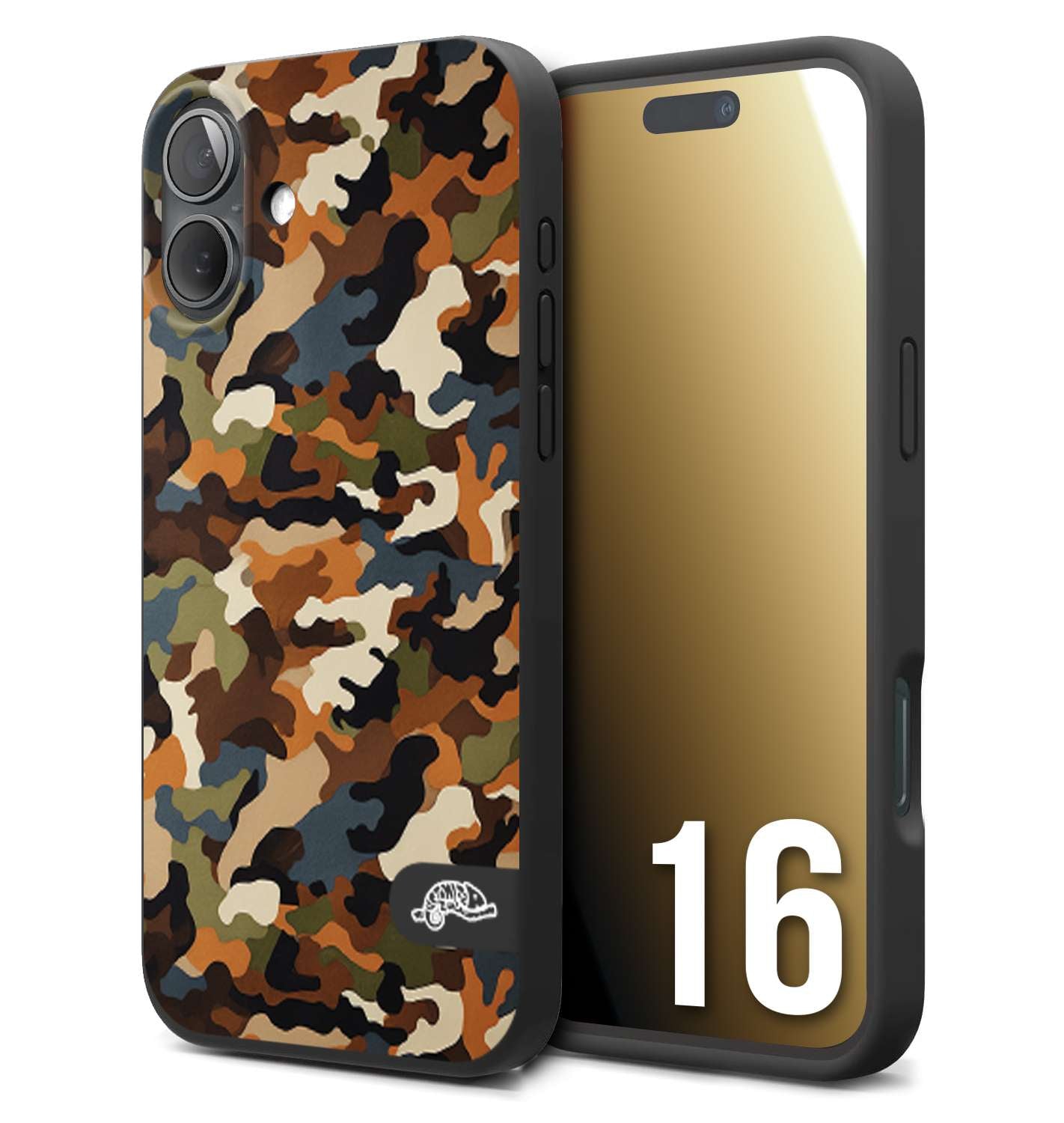 CUSTOMIZZA - Custodia cover nera morbida in tpu compatibile per iPhone 16 camouflage mimetico militare moderno blu marrone beige