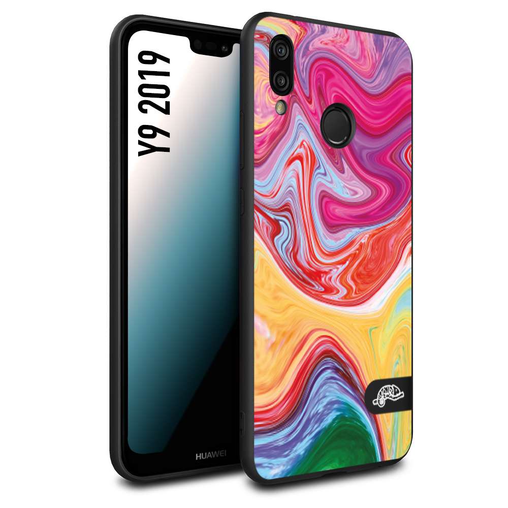 CUSTOMIZZA - Custodia cover nera morbida in tpu compatibile per Huawei Y9 2019 colorata fantasia vortice marmo onde verde fucsia gialla