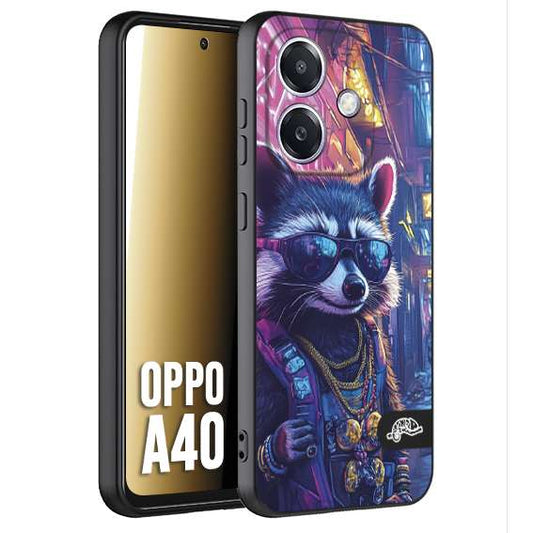 CUSTOMIZZA - Custodia cover nera morbida in tpu compatibile per Oppo A40 animali simpatici cyberpunk procione racoon street cat fucsia blu giallo