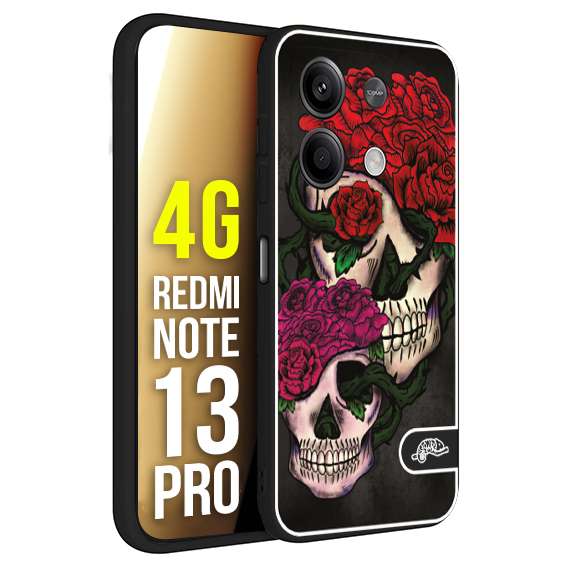 CUSTOMIZZA - Custodia cover nera morbida in tpu compatibile per Xiaomi Redmi Note 13 PRO 4G teschi e rose rosse fucsia skull and roses