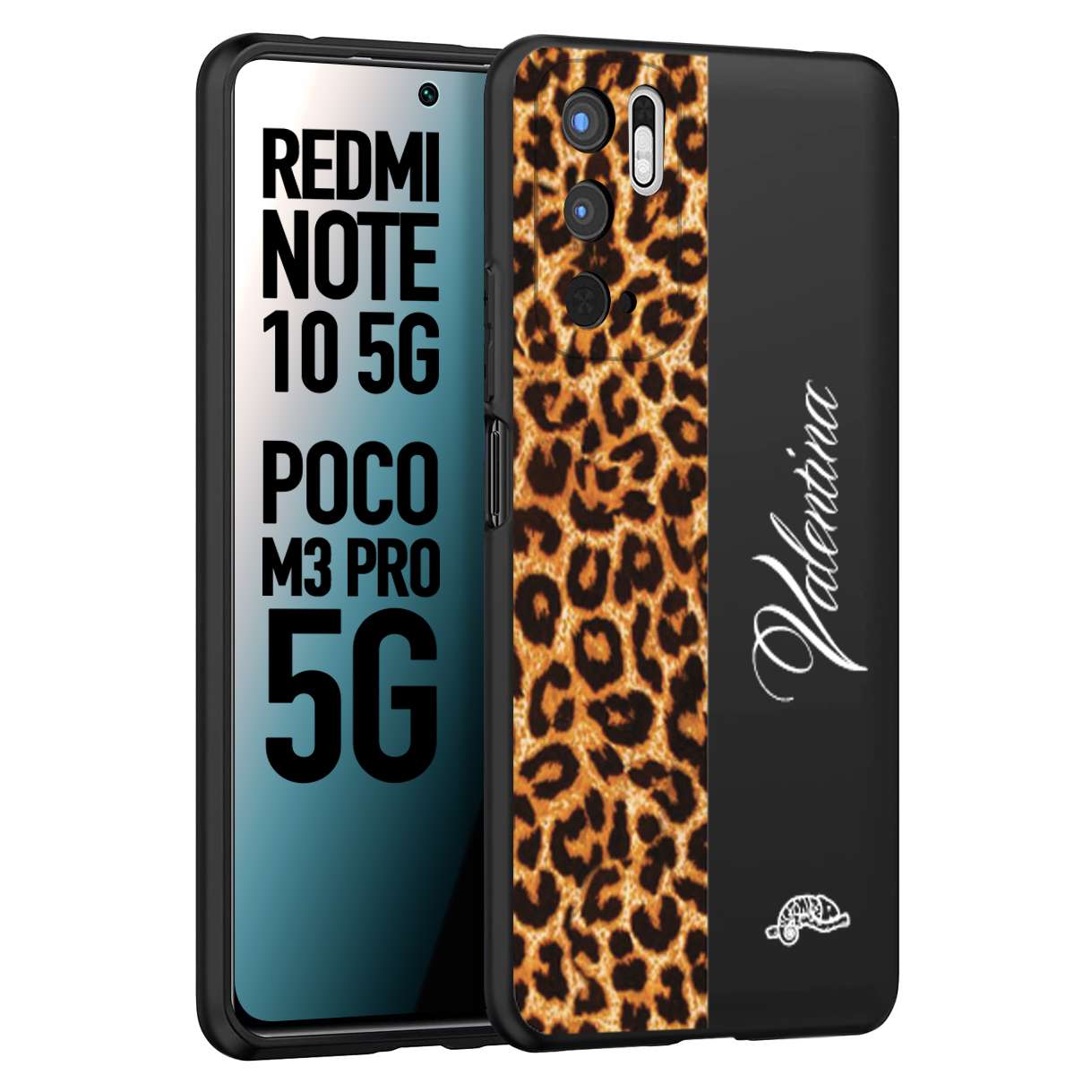 CUSTOMIZZA - Custodia cover nera morbida in tpu compatibile per Xiaomi Redmi Note 10 5G - Poco M3 Pro 5G custom nome scritta leopardato maculato donna marrone leopard