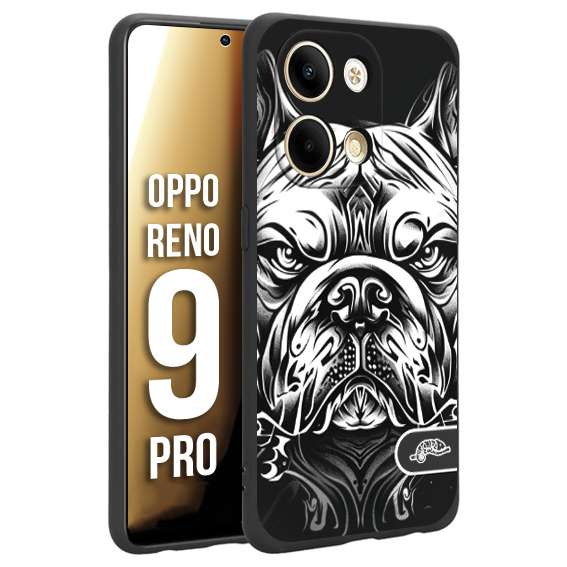 CUSTOMIZZA - Custodia cover nera morbida in tpu compatibile per Oppo Reno 9 PRO bulldog bianco a rilievo disegnato tattoo tatuaggio