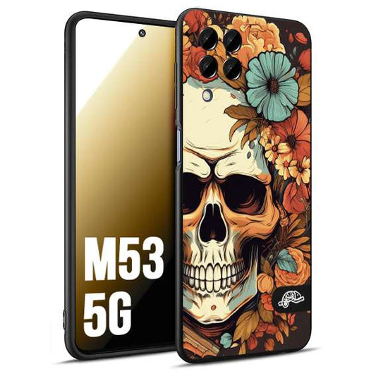 CUSTOMIZZA - Custodia cover nera morbida in tpu compatibile per Samsung M53 5G teschio skull flowers fiori autunnali arancio celeste tattoo