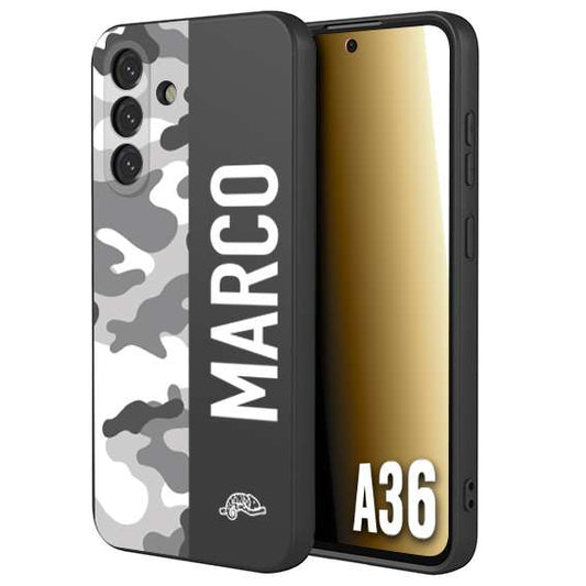 CUSTOMIZZA - Custodia cover nera morbida in tpu compatibile per Samsung A36 camouflage mimetico militare personalizzata nome bianco