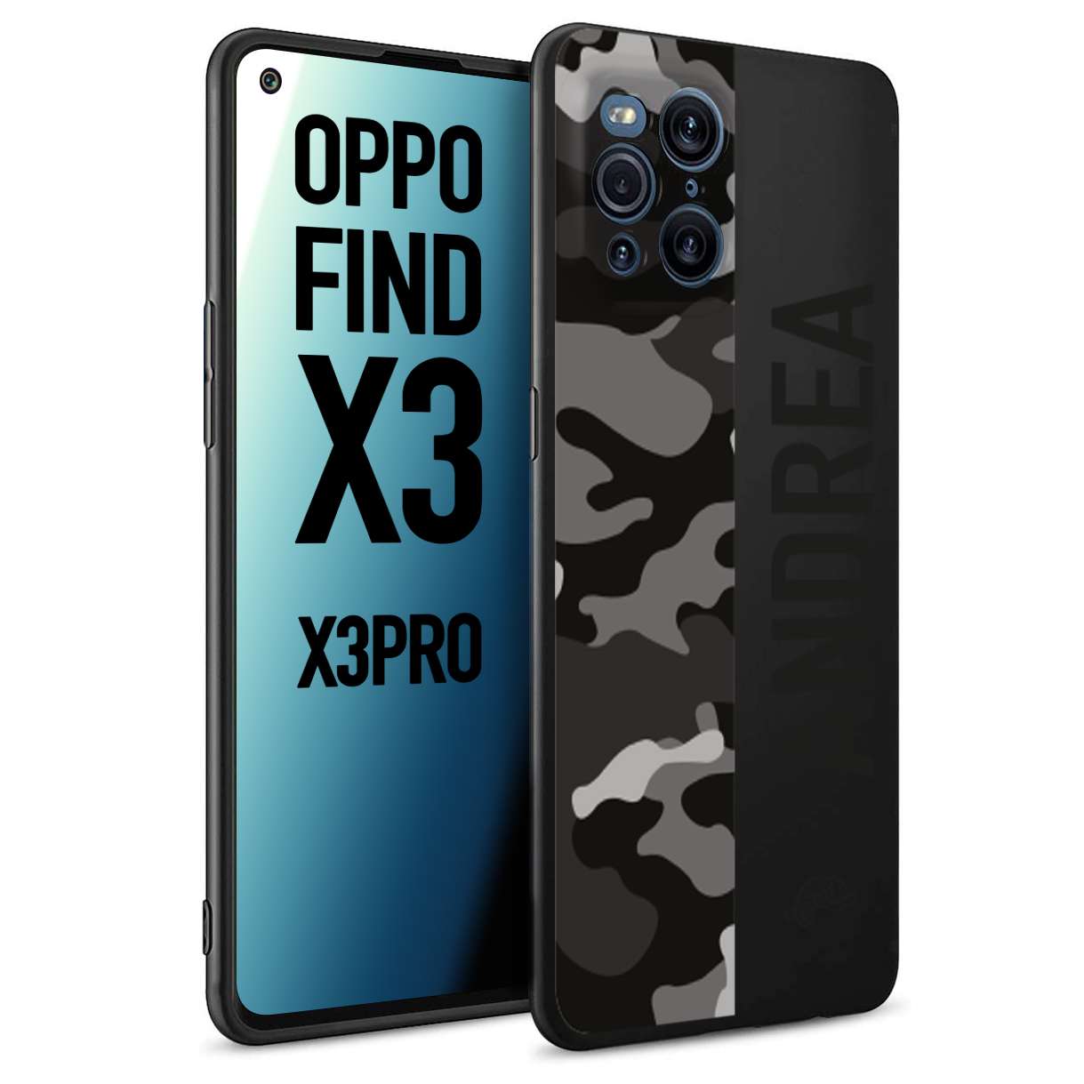 CUSTOMIZZA - Custodia cover nera morbida in tpu compatibile per Oppo Find X3 - Find X3 Pro 5G camouflage mimetico militare personalizzata nome