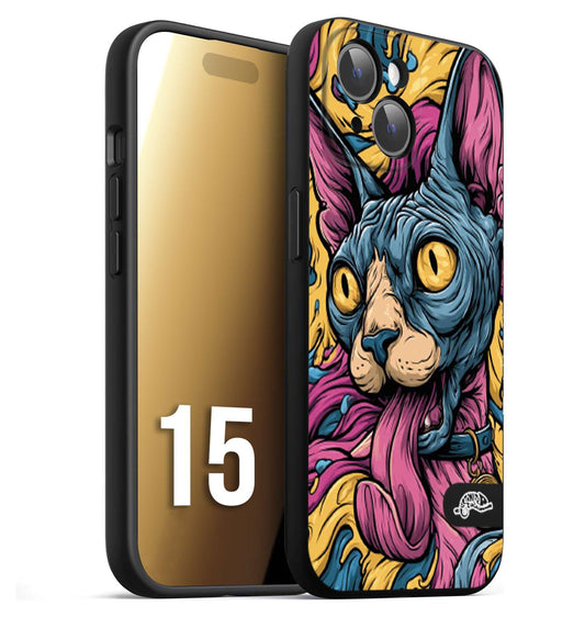 CUSTOMIZZA - Custodia cover nera morbida in tpu compatibile per iPhone 15 Sphynx Colorato Pop Art Psichedelico Gatto Blu Rosa Giallo Artistica Fantasy