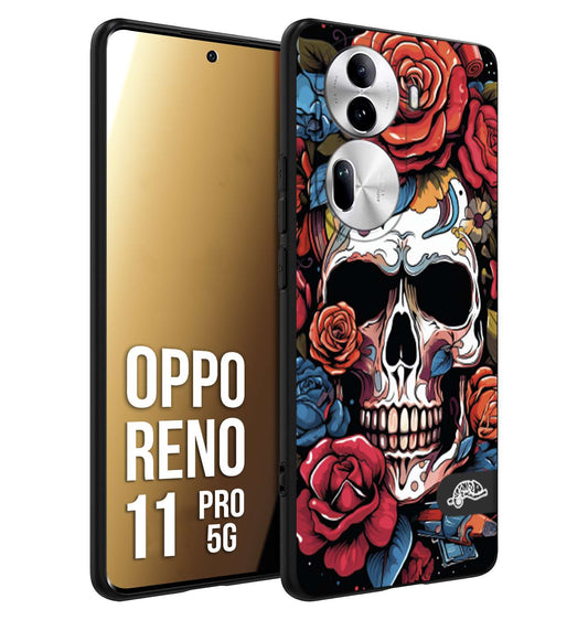 CUSTOMIZZA - Custodia cover nera morbida in tpu compatibile per Oppo Reno 11 PRO 5G teschio skull flowers fiori rose rosse tattoo disegnato