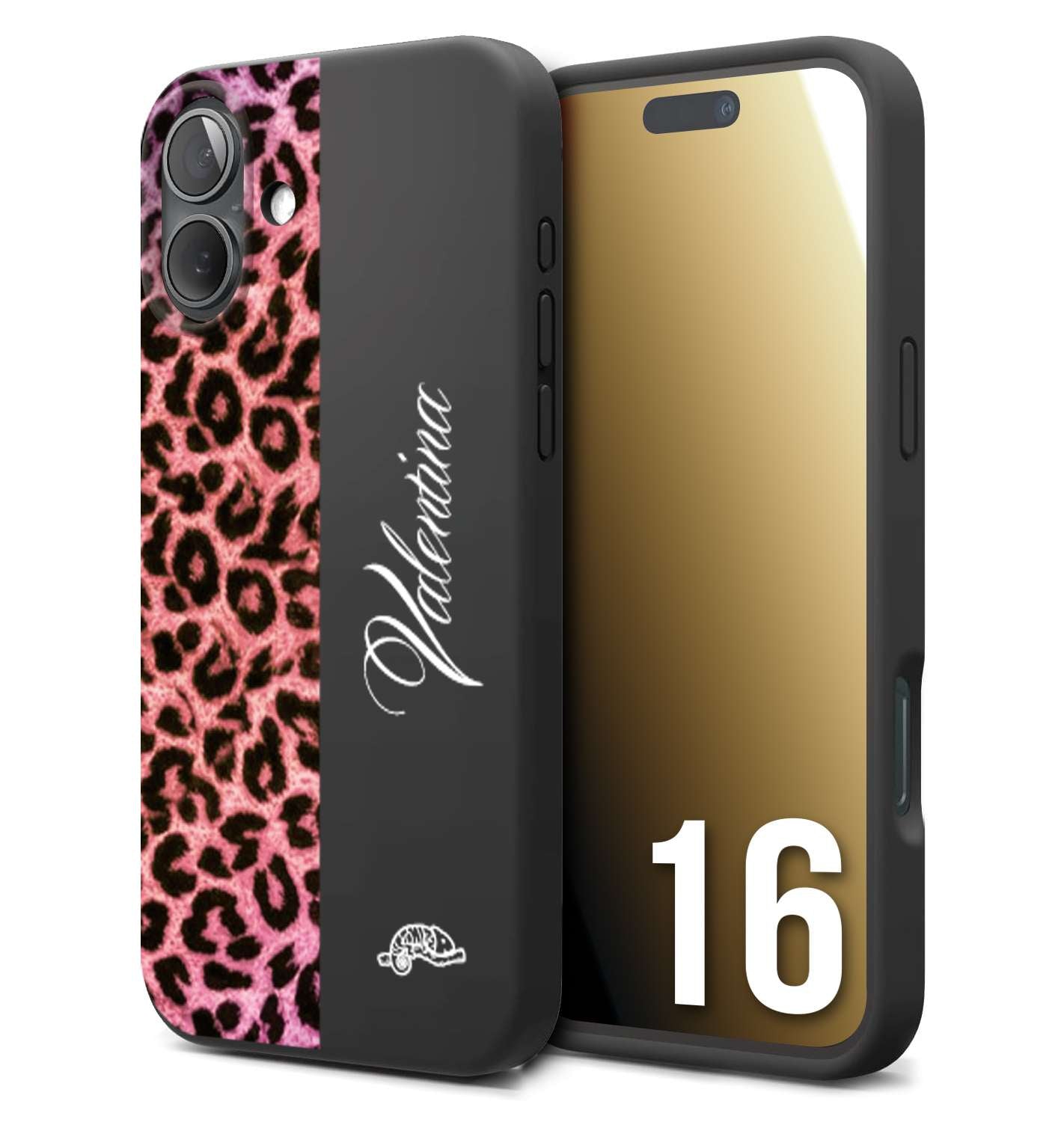 CUSTOMIZZA - Custodia cover nera morbida in tpu compatibile per iPhone 16 leopardato rosa fucsia personalizzata nome iniziali